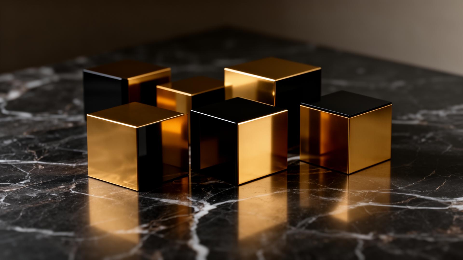 Polished cubes on black marble