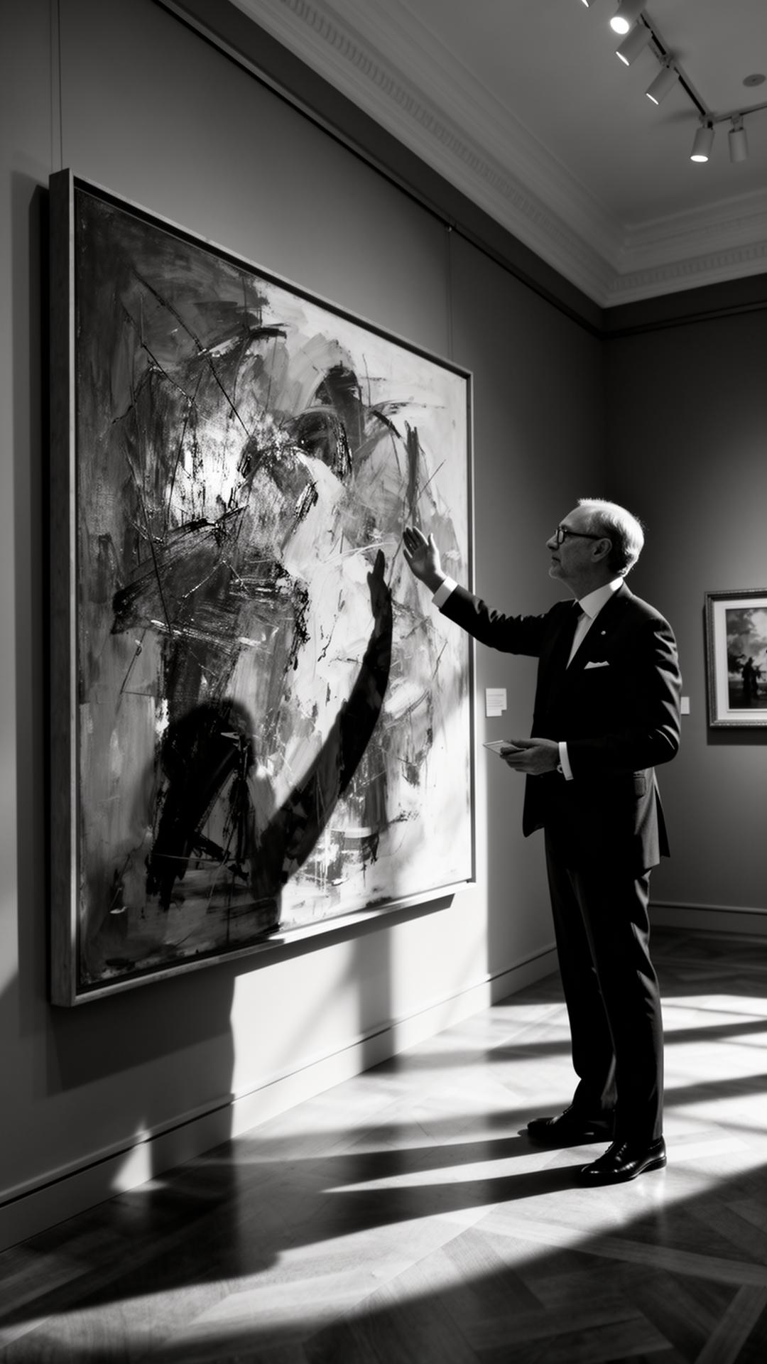Curator examining a painting in a private gallery