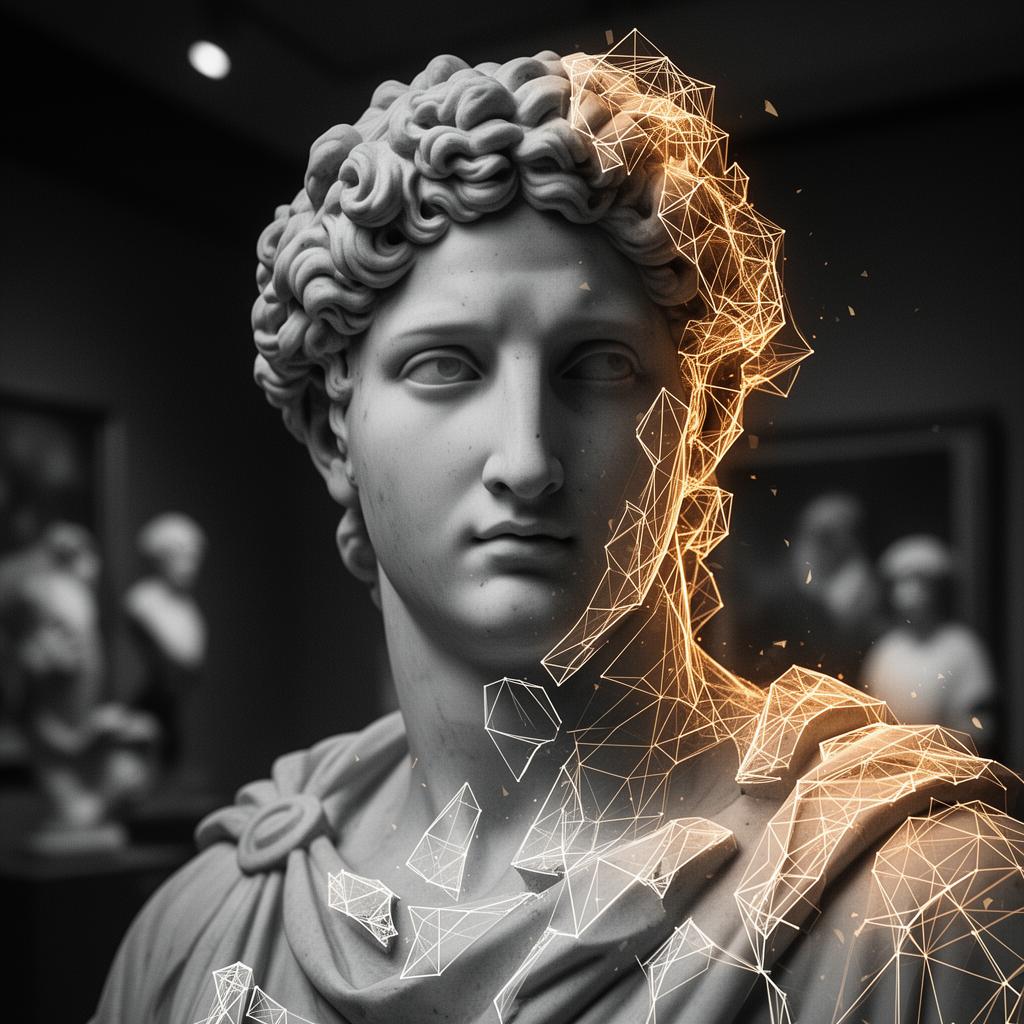 Classical sculpture dissolving into provenance data wireframe